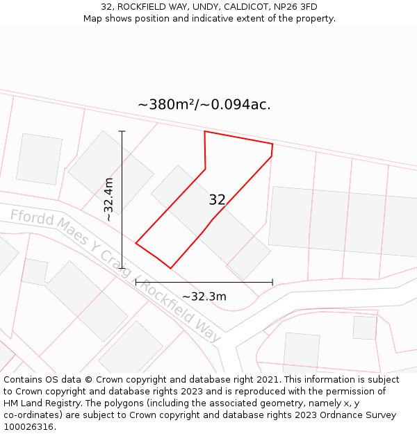 32, ROCKFIELD WAY, UNDY, CALDICOT, NP26 3FD: Plot and title map