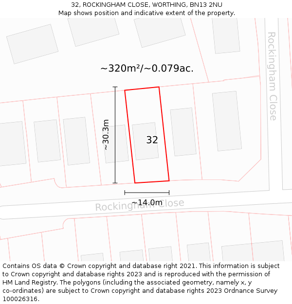32, ROCKINGHAM CLOSE, WORTHING, BN13 2NU: Plot and title map