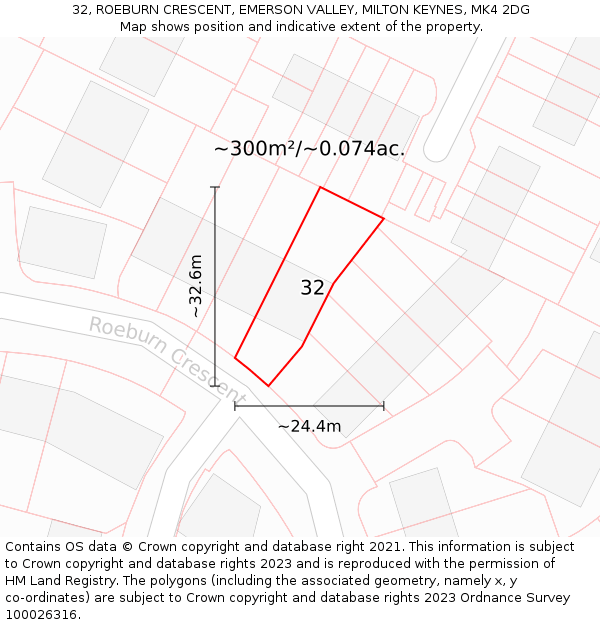 32, ROEBURN CRESCENT, EMERSON VALLEY, MILTON KEYNES, MK4 2DG: Plot and title map
