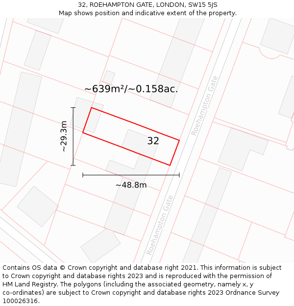 32, ROEHAMPTON GATE, LONDON, SW15 5JS: Plot and title map