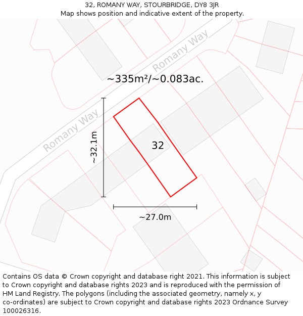 32, ROMANY WAY, STOURBRIDGE, DY8 3JR: Plot and title map
