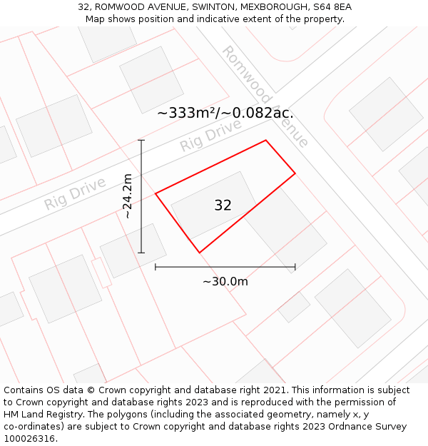 32, ROMWOOD AVENUE, SWINTON, MEXBOROUGH, S64 8EA: Plot and title map