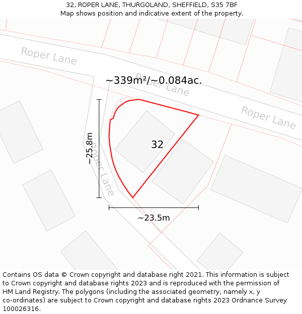 32, ROPER LANE, THURGOLAND, SHEFFIELD, S35 7BF: Plot and title map