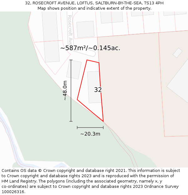 32, ROSECROFT AVENUE, LOFTUS, SALTBURN-BY-THE-SEA, TS13 4PH: Plot and title map
