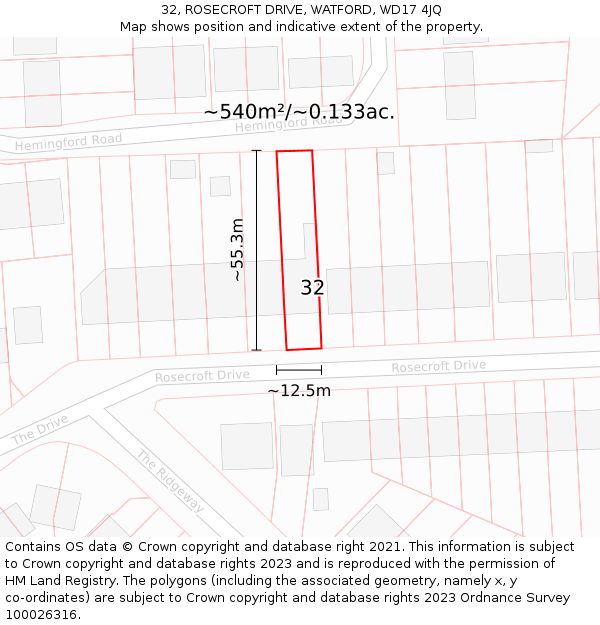 32, ROSECROFT DRIVE, WATFORD, WD17 4JQ: Plot and title map