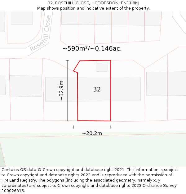 32, ROSEHILL CLOSE, HODDESDON, EN11 8NJ: Plot and title map