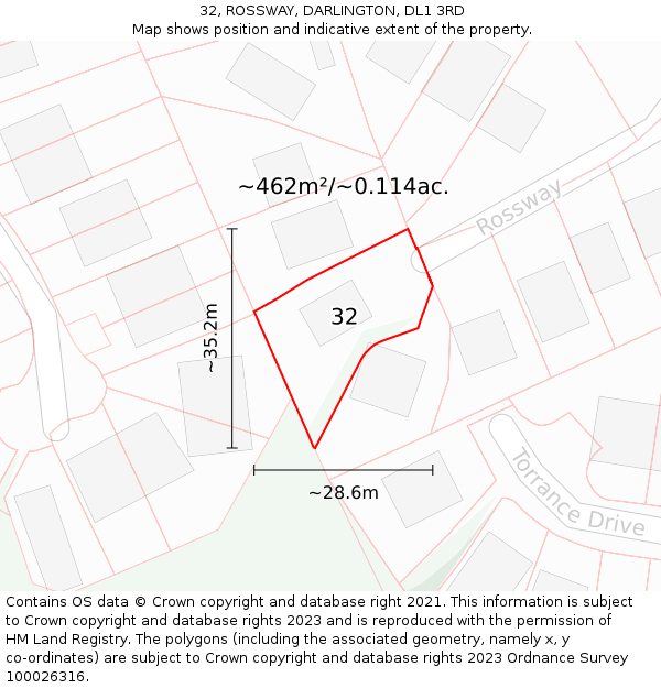 32, ROSSWAY, DARLINGTON, DL1 3RD: Plot and title map