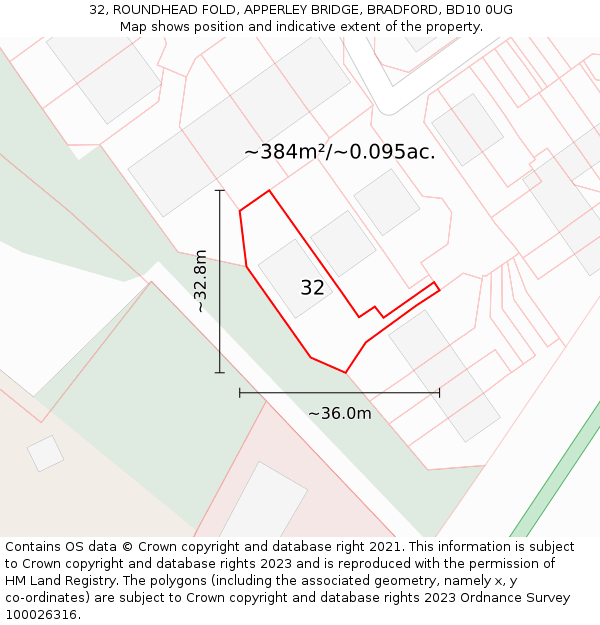 32, ROUNDHEAD FOLD, APPERLEY BRIDGE, BRADFORD, BD10 0UG: Plot and title map