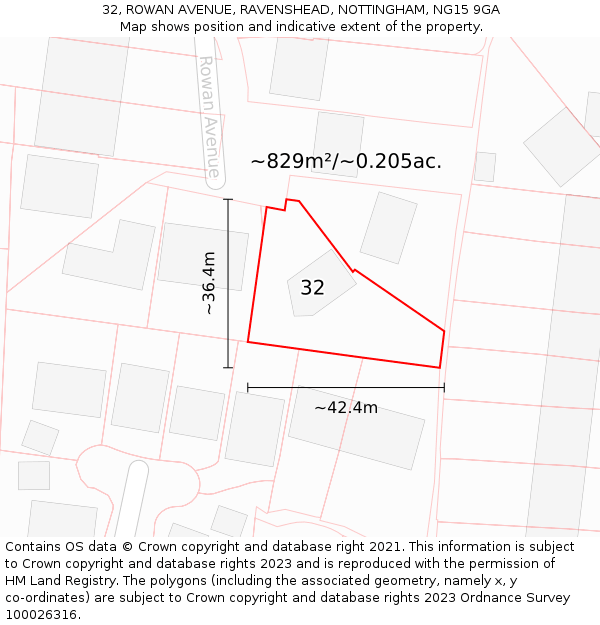 32, ROWAN AVENUE, RAVENSHEAD, NOTTINGHAM, NG15 9GA: Plot and title map