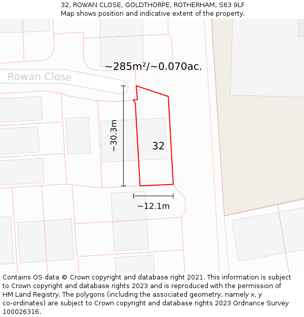 32, ROWAN CLOSE, GOLDTHORPE, ROTHERHAM, S63 9LF: Plot and title map