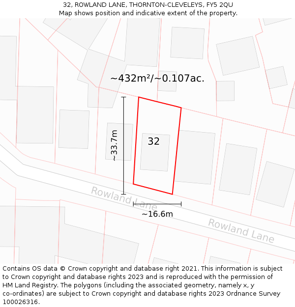 32, ROWLAND LANE, THORNTON-CLEVELEYS, FY5 2QU: Plot and title map