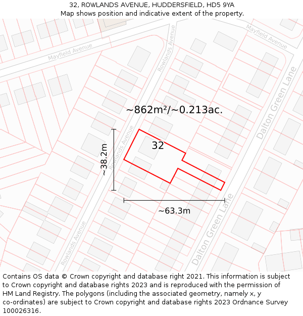 32, ROWLANDS AVENUE, HUDDERSFIELD, HD5 9YA: Plot and title map