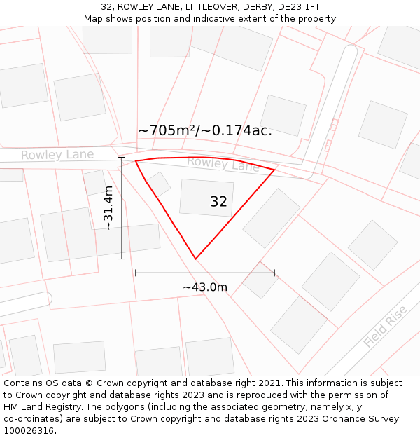 32, ROWLEY LANE, LITTLEOVER, DERBY, DE23 1FT: Plot and title map