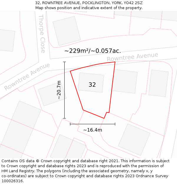 32, ROWNTREE AVENUE, POCKLINGTON, YORK, YO42 2SZ: Plot and title map