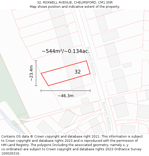 32, ROXWELL AVENUE, CHELMSFORD, CM1 2NR: Plot and title map