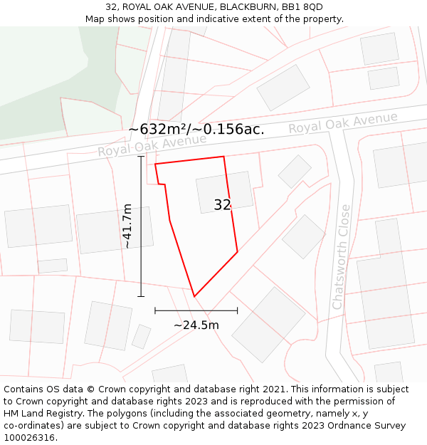 32, ROYAL OAK AVENUE, BLACKBURN, BB1 8QD: Plot and title map