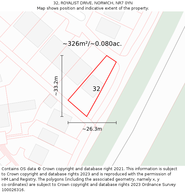 32, ROYALIST DRIVE, NORWICH, NR7 0YN: Plot and title map