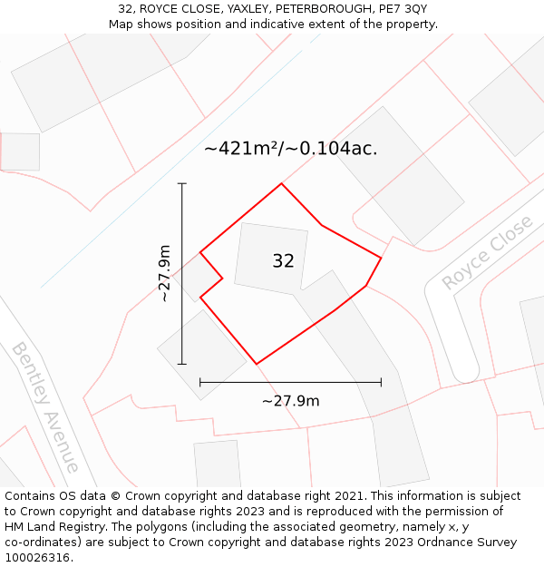 32, ROYCE CLOSE, YAXLEY, PETERBOROUGH, PE7 3QY: Plot and title map