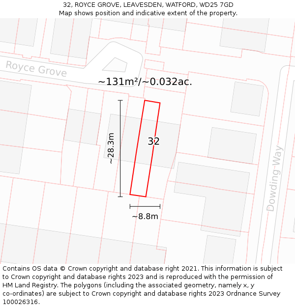 32, ROYCE GROVE, LEAVESDEN, WATFORD, WD25 7GD: Plot and title map