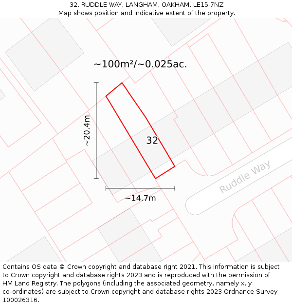 32, RUDDLE WAY, LANGHAM, OAKHAM, LE15 7NZ: Plot and title map