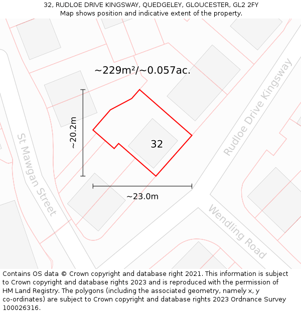 32, RUDLOE DRIVE KINGSWAY, QUEDGELEY, GLOUCESTER, GL2 2FY: Plot and title map