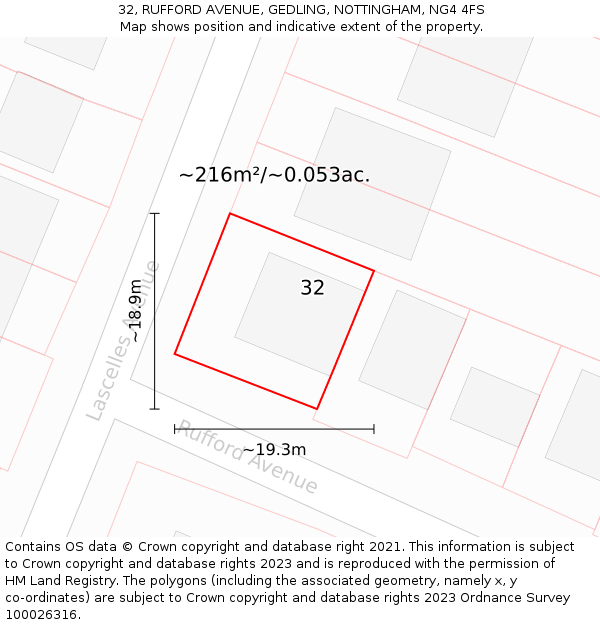 32, RUFFORD AVENUE, GEDLING, NOTTINGHAM, NG4 4FS: Plot and title map