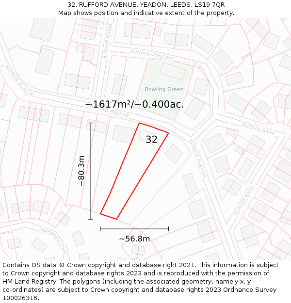 32, RUFFORD AVENUE, YEADON, LEEDS, LS19 7QR: Plot and title map