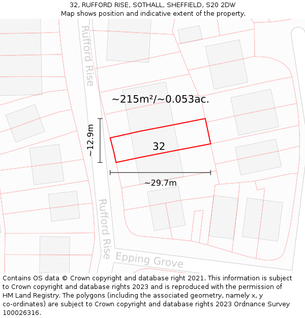 32, RUFFORD RISE, SOTHALL, SHEFFIELD, S20 2DW: Plot and title map