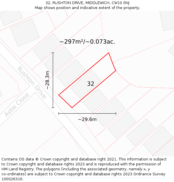 32, RUSHTON DRIVE, MIDDLEWICH, CW10 0NJ: Plot and title map