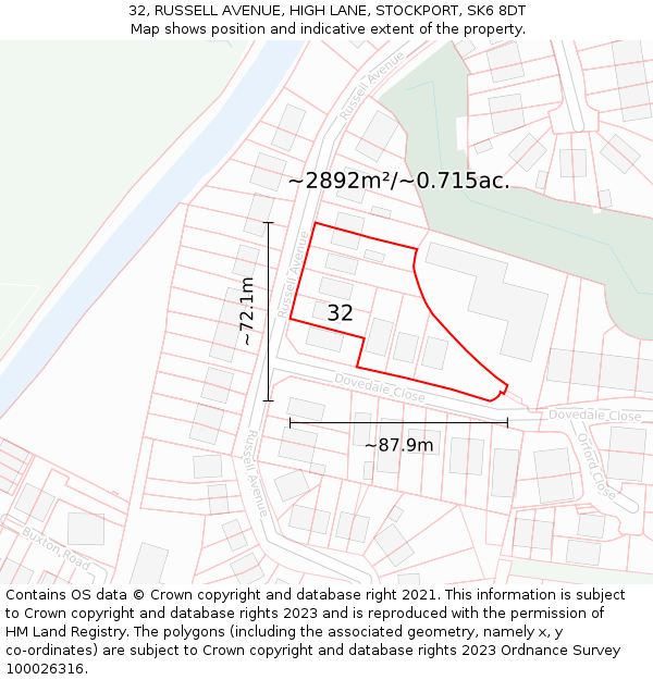 32, RUSSELL AVENUE, HIGH LANE, STOCKPORT, SK6 8DT: Plot and title map