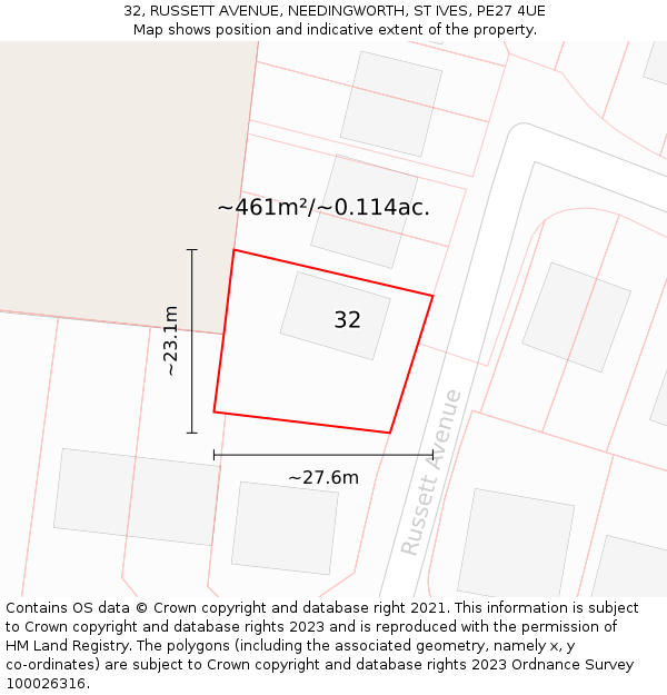 32, RUSSETT AVENUE, NEEDINGWORTH, ST IVES, PE27 4UE: Plot and title map