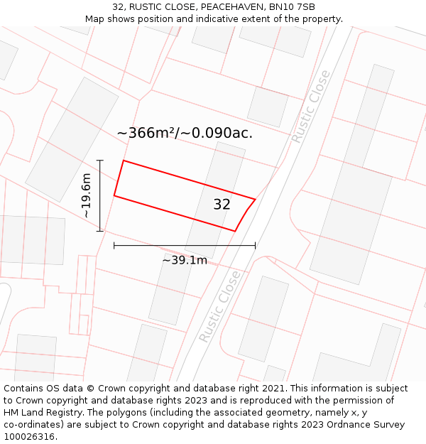32, RUSTIC CLOSE, PEACEHAVEN, BN10 7SB: Plot and title map