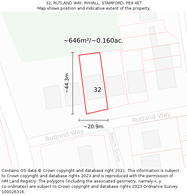 32, RUTLAND WAY, RYHALL, STAMFORD, PE9 4ET: Plot and title map