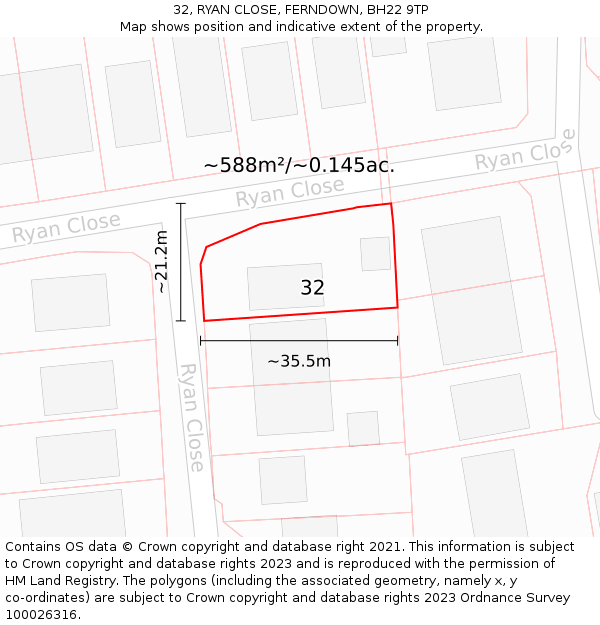 32, RYAN CLOSE, FERNDOWN, BH22 9TP: Plot and title map