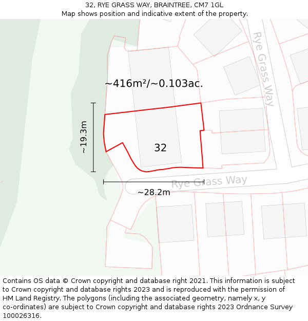 32, RYE GRASS WAY, BRAINTREE, CM7 1GL: Plot and title map