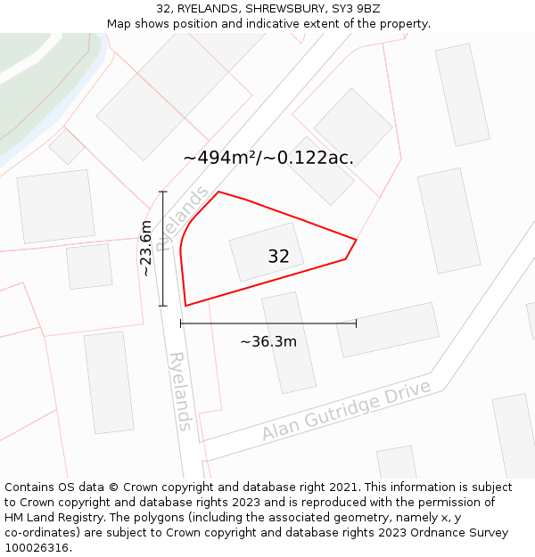 32, RYELANDS, SHREWSBURY, SY3 9BZ: Plot and title map