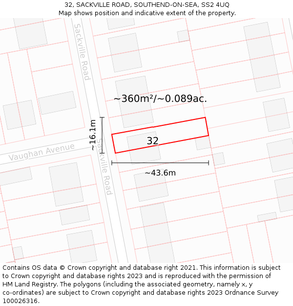 32, SACKVILLE ROAD, SOUTHEND-ON-SEA, SS2 4UQ: Plot and title map