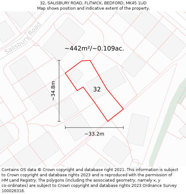32, SALISBURY ROAD, FLITWICK, BEDFORD, MK45 1UD: Plot and title map