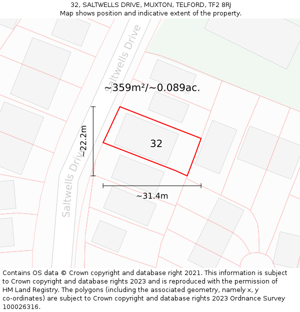 32, SALTWELLS DRIVE, MUXTON, TELFORD, TF2 8RJ: Plot and title map