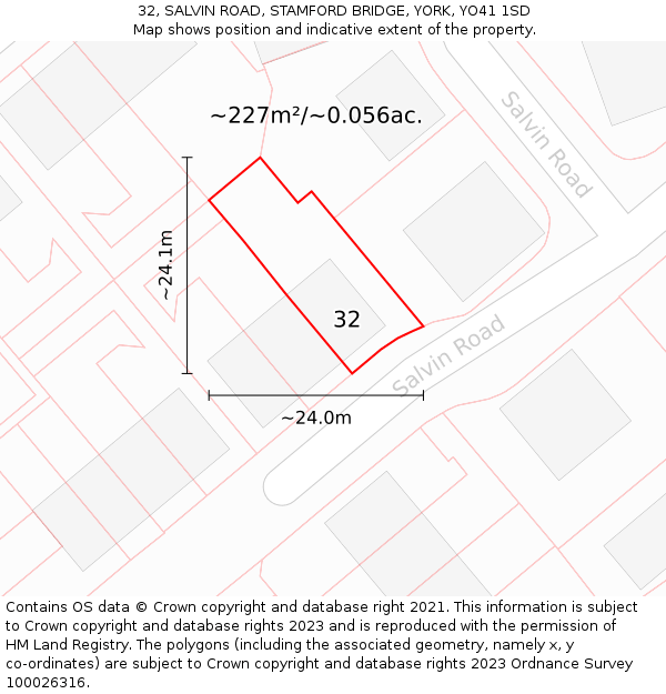 32, SALVIN ROAD, STAMFORD BRIDGE, YORK, YO41 1SD: Plot and title map