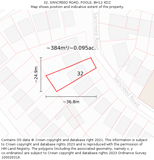 32, SANCREED ROAD, POOLE, BH12 4DZ: Plot and title map