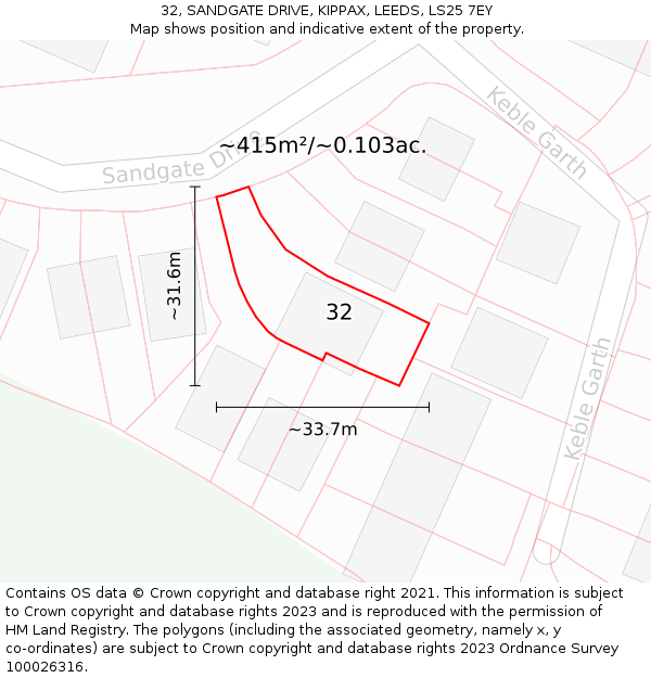32, SANDGATE DRIVE, KIPPAX, LEEDS, LS25 7EY: Plot and title map