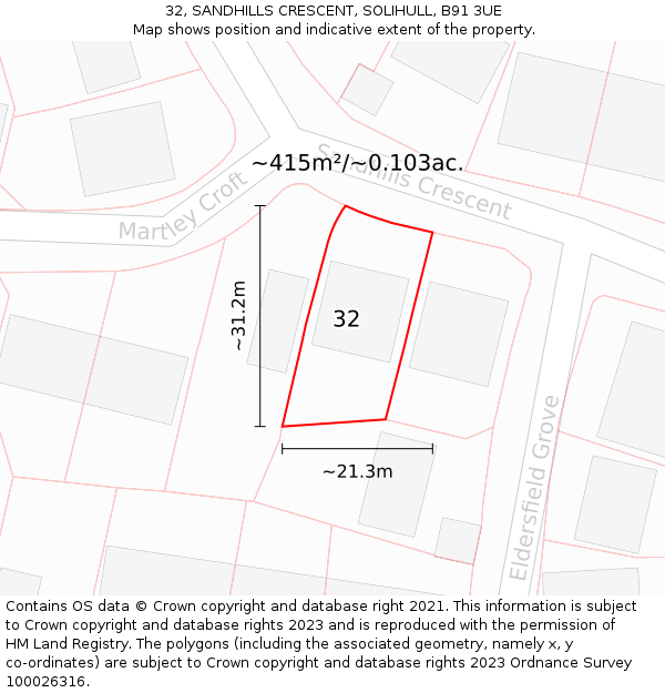 32, SANDHILLS CRESCENT, SOLIHULL, B91 3UE: Plot and title map