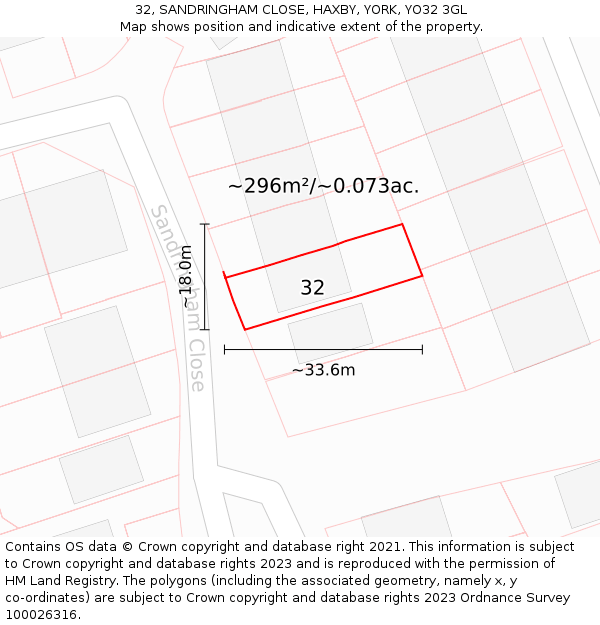 32, SANDRINGHAM CLOSE, HAXBY, YORK, YO32 3GL: Plot and title map