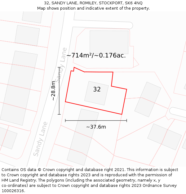 32, SANDY LANE, ROMILEY, STOCKPORT, SK6 4NQ: Plot and title map