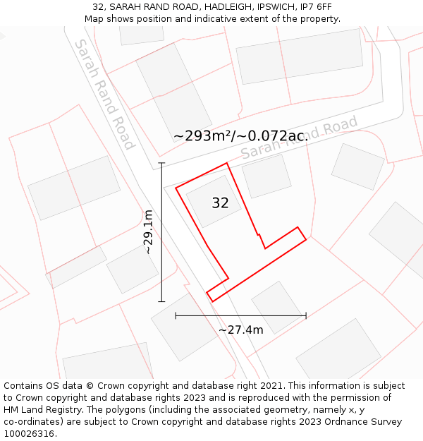 32, SARAH RAND ROAD, HADLEIGH, IPSWICH, IP7 6FF: Plot and title map