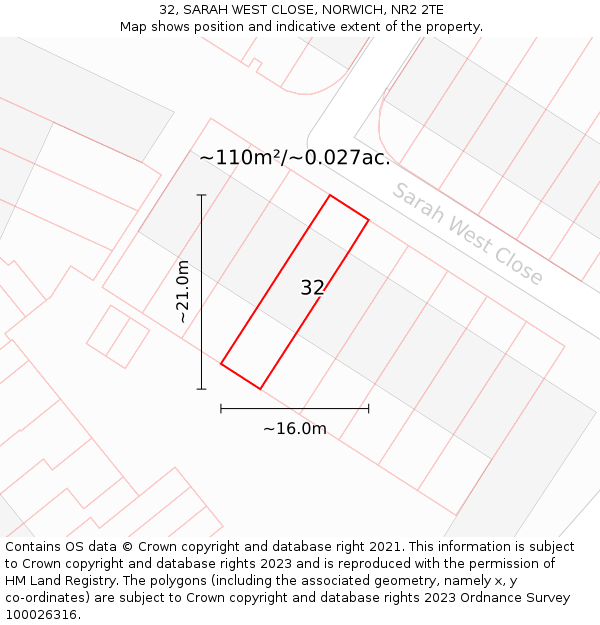32, SARAH WEST CLOSE, NORWICH, NR2 2TE: Plot and title map