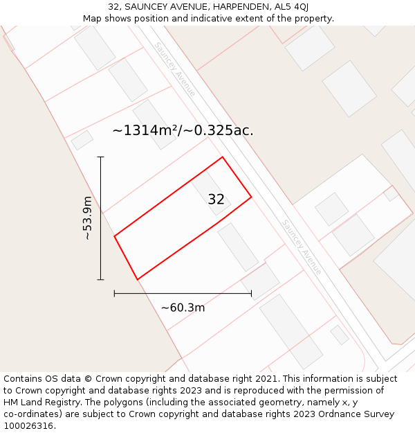 32, SAUNCEY AVENUE, HARPENDEN, AL5 4QJ: Plot and title map