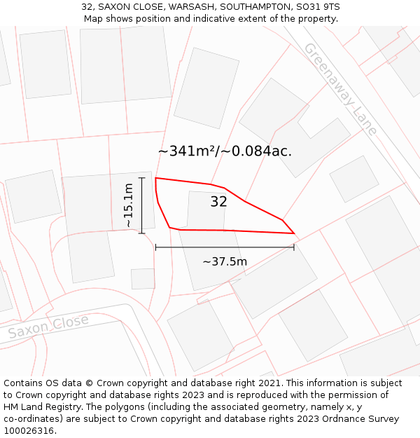 32, SAXON CLOSE, WARSASH, SOUTHAMPTON, SO31 9TS: Plot and title map