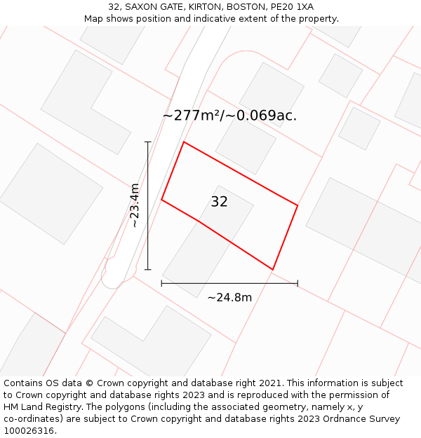 32, SAXON GATE, KIRTON, BOSTON, PE20 1XA: Plot and title map